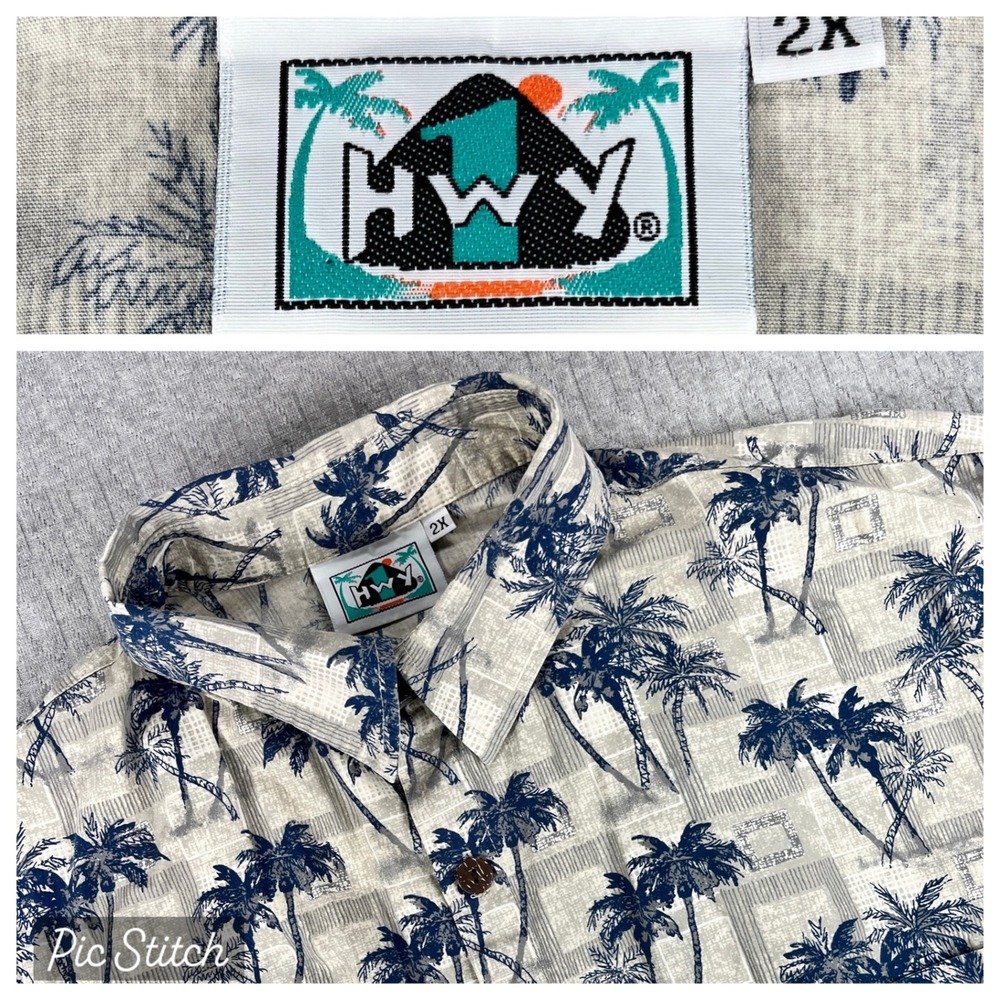 HWY 1 Button Up Hawaiian Shirt Mens 2X‎ Palm Tree Tropical Aloha Short Sleeve